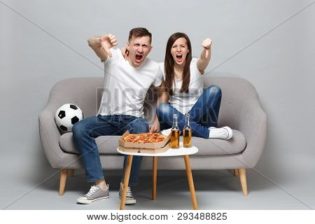 Angry Couple Woman Man Football Fans Cheer Up Support Favorite Team Expressive Gesticulating Hands, 