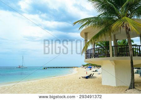 Tropical Island Beach Scene. Relaxing Caribbean Summer Vacation.