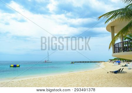 Tropical Island Beach Scene. Relaxing Caribbean Summer Vacation.