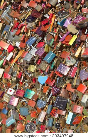 Salzburg, Austria - March 10, 2019 : A Lot Of Colorful Love Locks On Makartsteg Bridge Over Salzach 