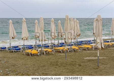 Empty beach at low season with bad weather with no people. Leptokaria, Makedonia, Greece
