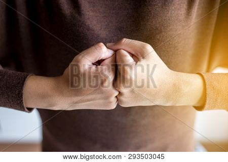Hands Of Woman Show Strength Teamwork,fist Bump And Putting Her Hand