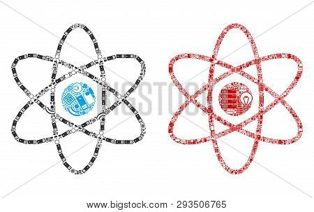 Atom Collage Icons Created For Bigdata Purposes. Vector Atom Mosaics Are United From Computer, Calcu