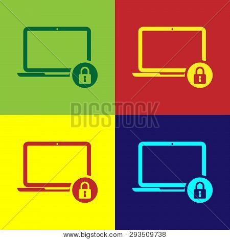 Color Laptop And Lock Icon Isolated On Color Backgrounds. Computer And Padlock. Security, Safety, Pr
