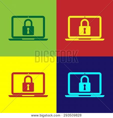 Color Laptop And Lock Icon Isolated On Color Backgrounds. Computer And Padlock. Security, Safety, Pr