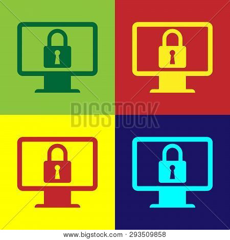 Color Lock On Computer Monitor Screen Icon Isolated On Color Backgrounds. Monitor And Padlock. Secur