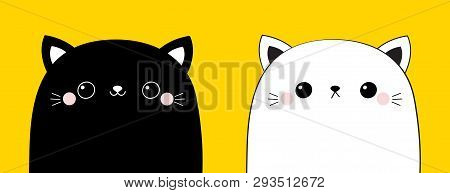 Black And White Cat Head Face Line Contour Silhouette Icon Set. Pink Blush Cheeks. Funny Kawaii Smil
