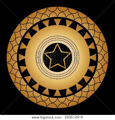 Ornament From Circles And Patterns On A Black Background With A Gold Five-pointed Star In The Center