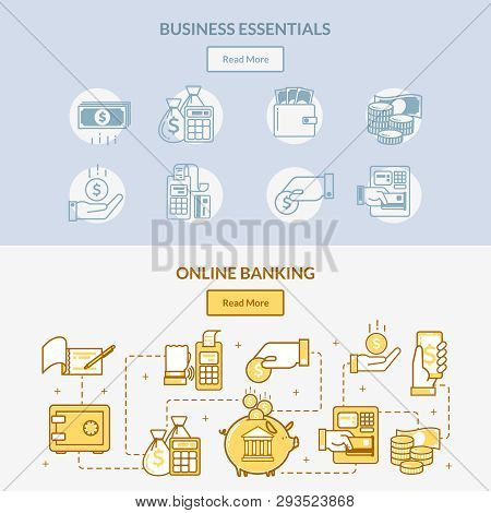 Finance Banking Icons Horizontal Banners. The Network Of Cash Handling, Connections And Actions With