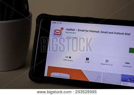 Bekasi, West Java, Indonesia. April 5, 2019 : Mymail Dev Application On Smartphone Screen. For Hotma