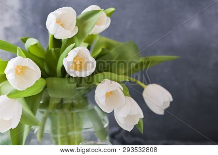 Bouquet Of White Tulips In A Vase On A Gray Background. Flowers As A Gift For Your Favorite Person. 
