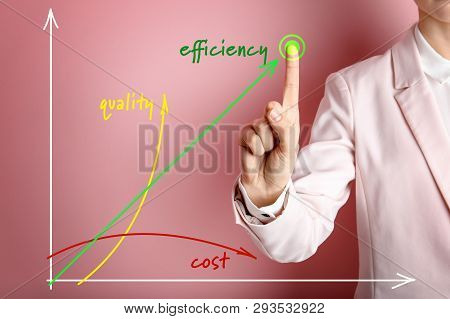 Businesswoman Pointing At Efficiency Graph On Virtual Screen Against Color Background, Closeup
