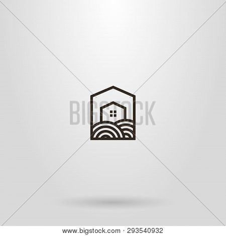 Black And White Simple Line Art Sign Of A Private House On A Plot Of Land In A Pentagonal Frame