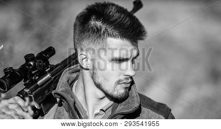 Army Forces. Camouflage. Military Uniform Fashion. Bearded Man Hunter. Hunting Skills And Weapon Equ