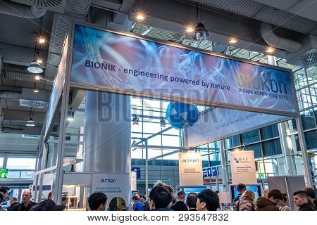 Hannover , Germany - April 02 2019 : Biokon Is Displaying Competence In Bionik At The Hannover Messe