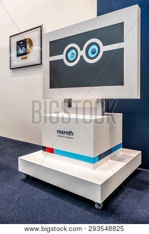 Hannover , Germany - April 02 2019 : Bosch Rexroth Is Displaying Continuous Innovation At The Hannov