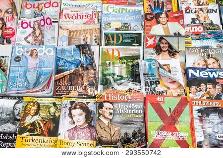 Vienna, Austria - January 15th, 2019: Colorful Magazine Rack On Vienna Street. Printed Media Daily P