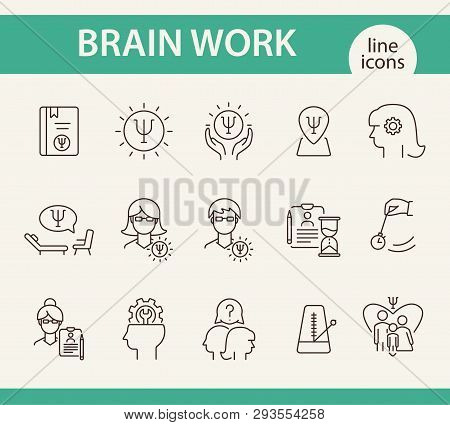 Brain Work Line Icon Set. Human Head, Gear, Psychologist Office. Psychology Concept. Can Be Used For
