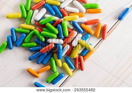 Lot Of Whole Colorful Sweet Licorice Comfit Flatlay On White Wood