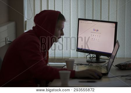 Belarus, Gimel, March 2, 2019. Business Center. Hackathon City. Computer With Google System On The B