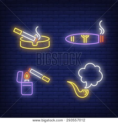 Cigarette In Ashtray, Smoking Pipe And Lighter Neon Signs Set. Smoking, Healthcare And Addiction Des