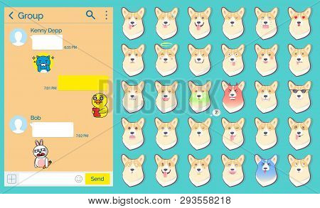 International Social Network Vector, Messanger Chatting Page With Stickers. Emoticons Of Dog, Emotio