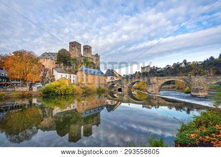 Runkel Castle And Old Stone Bridge Across The Lahn River In Runkel, Hesse, Germany