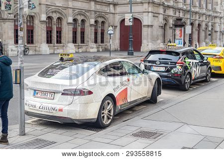 Vienna, Austria - January 15th, 2019: Electric Vehicles Taxi Tesla Model S, Nissan Leaf And Hyundai 