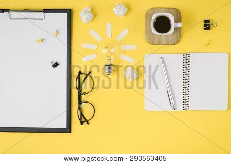 Flat Lay Financial Planning Brainstorming Messy Table Top Image With Blank Clip Board, Office Suppli