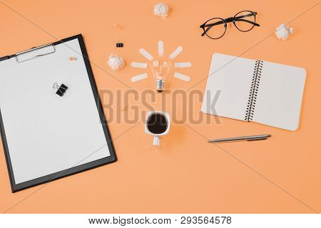 Flat Lay Financial Planning Brainstorming Messy Table Top Image With Blank Clip Board, Office Suppli