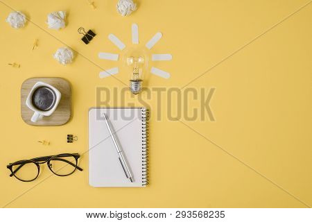 Flat Lay Financial Planning Brainstorming Messy Table Top Image With Blank Clip Board, Office Suppli