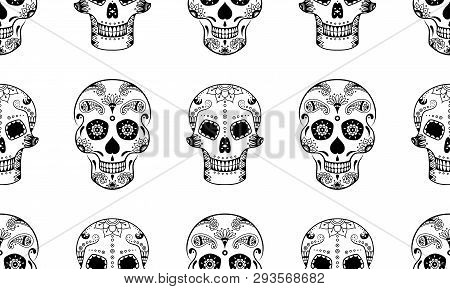 Vector Seamless Pattern Of Black Sugar Skull With Doodle Floral Pattern On White Background. Colorin