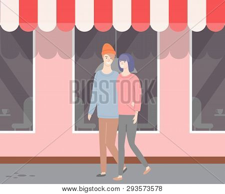 Man And Woman Walking Slowly Vector, Street Of City, Couple Enjoying Time Together, Wife And Husband
