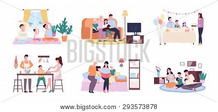 People At Home Vector, Mother And Father With Kid Cooking In Kitchen. Birthday Cake Celebration, Loo