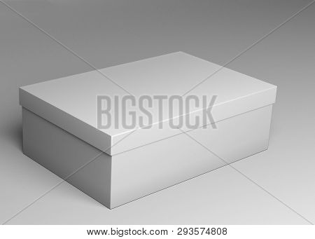 Packing Box Gray On A Gray Background 3d Rendering. Shoebox. Neutral Color Packaging. Object On A Ne