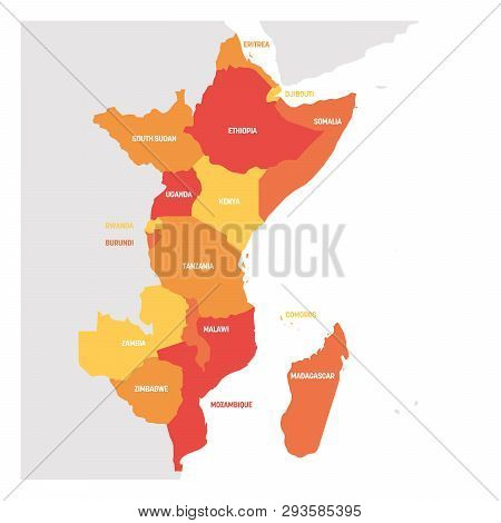 East Africa Region. Map Of Countries In Eastern Africa. Vector Illustration