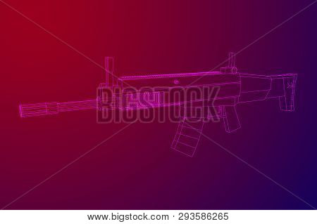 Assault Rifle, Automatic Fire Rifle Model Wireframe Low Poly Mesh Vector Illustration