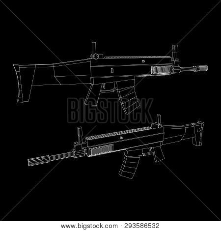 Assault Rifle, Automatic Fire Rifle Model Wireframe Low Poly Mesh Vector Illustration