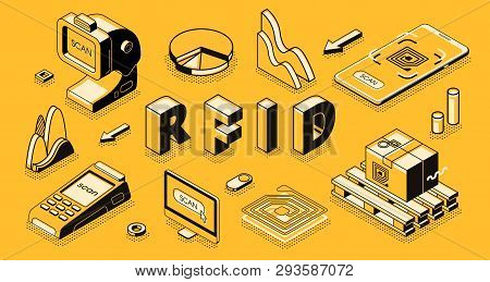 Radio Frequency Identification Technology Isometric Vector Concept With Rfid Reader Or Scanner, Elec