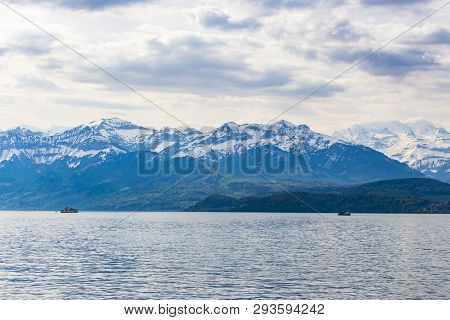Travel Ship In Lake Thun And View Of Bernese Alps Mountain Berne, Switzerland