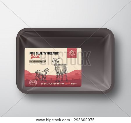 Fine Quality Organic Goat. Abstract Vector Meat Plastic Tray Container With Cellophane Cover. Packag
