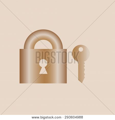 Golden Lock With A Golden Key On A Beige Background