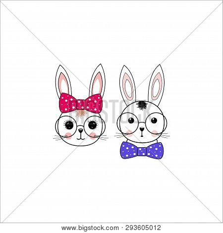 A Pair Of Cute Rabbits With A Bow In A Girl And A Butterfly In A Boy On A White Background