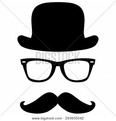 Brutal Man Mustache, Glasses And Hat On A White Background