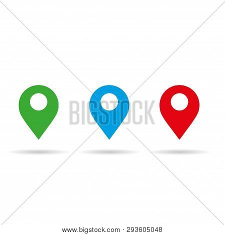Three Geolocation Signs In Different Colors With Shadow