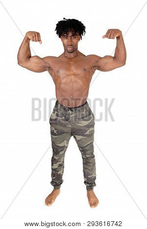A Full Body Image Of An African American Man In Camoflash Pants And
Shirtless Flexing His Biceps, Is