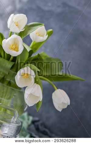 Bouquet Of White Tulips In A Vase On A Gray Background. Flowers As A Gift For Your Favorite Person. 