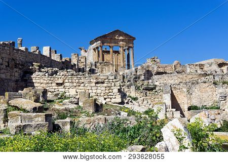 Landscpae Of The Capitol Building In The Ancient Roman Ruins Of Dougga, Tunisia