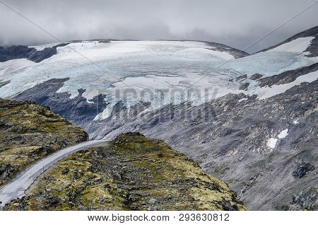 View Of A Road From Dalsnibba Viewpoint View A Huge Glacier In The Background