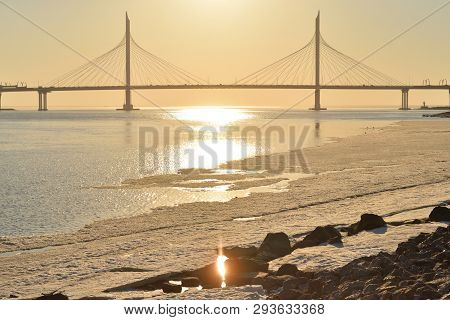 Cable Bridge Across The Petrovsky Fairway At Sunset In Saint Petersburg, Russia. Part Of The Western